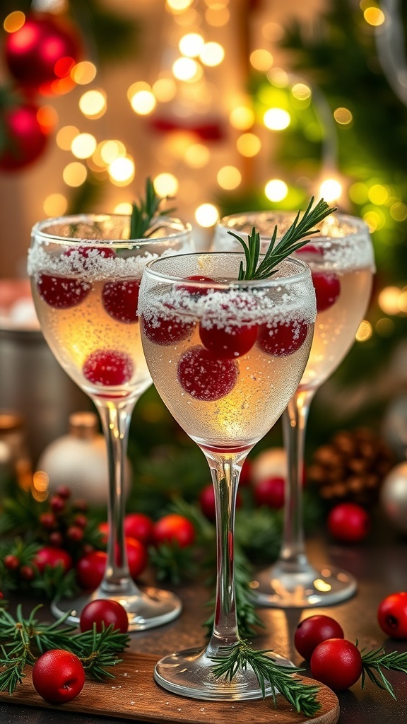 Sparkling Christmas cocktails with edible glitter, garnished with cranberries and rosemary, on a festive table.